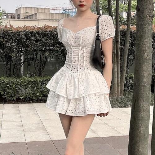 Women White Patchwork Ruffles Lace Hollow Out Dress New Square Neck Short Puff Sleeve Slim Fit Fashion Tide Summer 2021 Vestidos