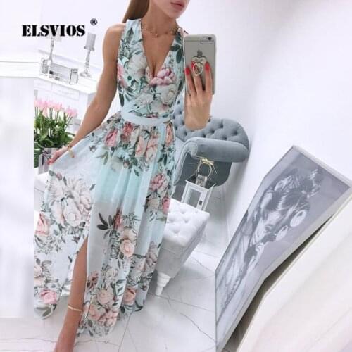 New Summer Bohemian Women V-neck Sleeveless Irregular Dress Chiffon Floral Print Dress Ladies Elegant Party Long Dresses Vestido