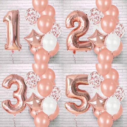 12pcs Rose Gold Number Foil Balloons Birthday Party Decoration Kids 1st First Baby Girl Princess 1 2 3 4 5 6 7 8 9 Years Old