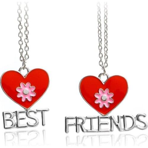 2ps/set Red Heart Enamel BFF Necklaces for girls Best Friends Forever Pink Flower Necklace Splice Friendship Birthday Gift