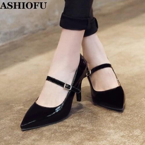 ASHIOFU Hot Sale New Ladies 8cm High Heels Pumps Patent Leather Office&Career Party Dress Shoes Mary Janes Fashion Court Shoes