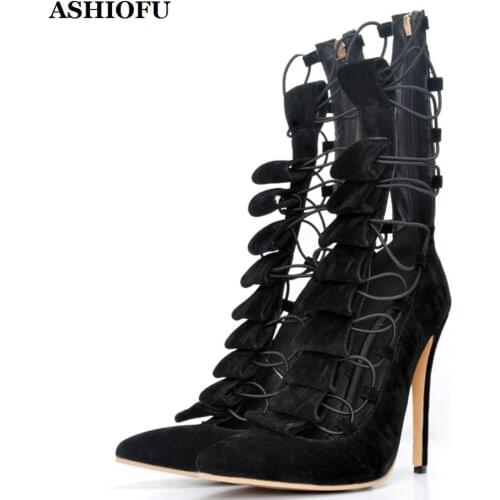 ASHIOFU Handmade New Ladies Stiletto High Heel Pumps Faux-suede Party Dress Shoes Cross Shoelace Sexy Evening Fashion Pump Shoes