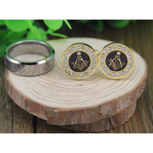 Free Shipping!USA Hot Sales E&C MENS LUXURY JEWELRY SET 8MM SILVER BEVEL MASON TUNGSTEN RING&GOLDEN STEEL MASONIC CUFFLINKS