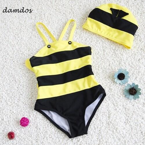 Bikini 2019 Girls Swimwear Biquinis Bee Modeling Childrens Bathing Suit Baby Girl Kids Swimsuit With Cap Cover up