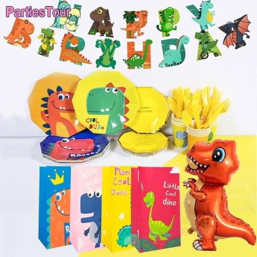 Dinosaur Happy Birthday Banner Dino Standing Balloon Gift Bags Dinosaur Disposable Tableware Kids 2nd 4thBirthday Party Supplies