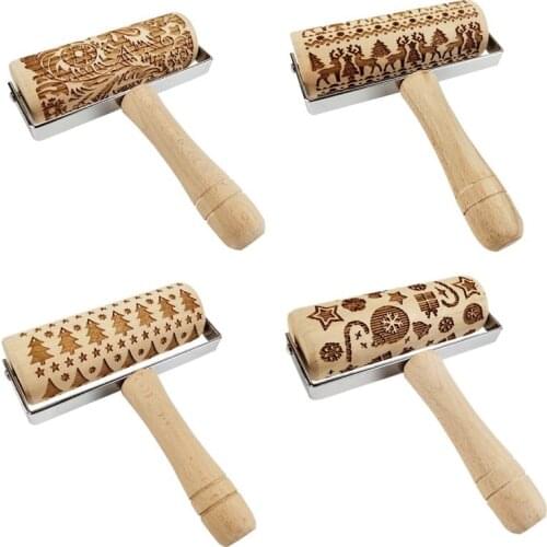 ElkSnowflake Printing Rolling Pin Roller Cake Biscuit Pressed Pattern Knurled Stick DIY Baking Tool Fondant Cake Decoration Mold
