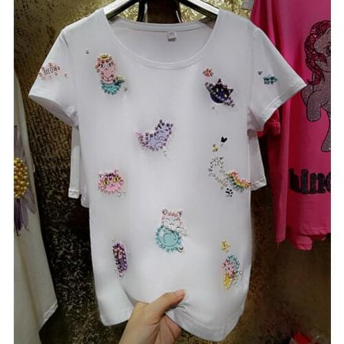 Plus size 8XL!Heavy industry pearl ice cream cute cartoon T-SHIRT Women white cotton top tees