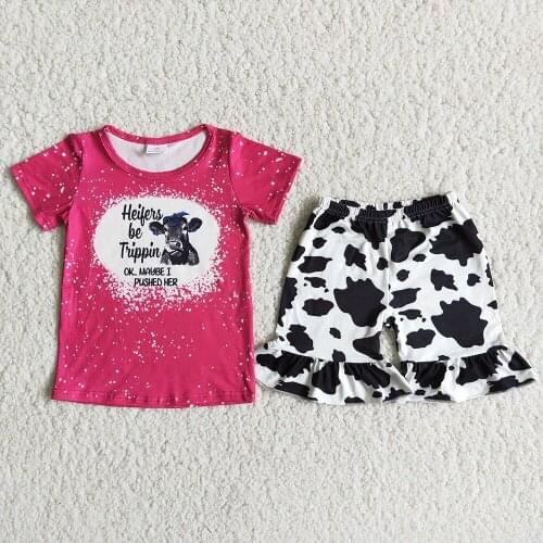 Hot Sale Cute Milk Cow Print Outfit Fashion Girl High Quality Short Sleeve Clothing Set Boutique Kids Clothes