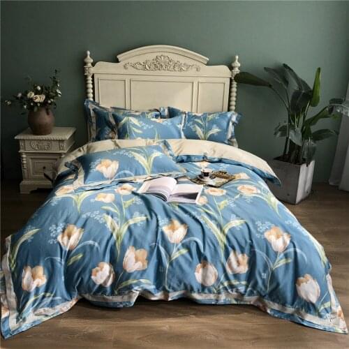 Perfect Blue Tulip printed Egyptian cotton Bedding sets Queen King Pastoral Duvet cover Bed sheet set Pillowcases 4pcs 14 color