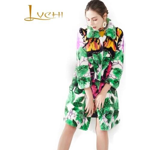 LVCHI Winter2017 Imported Swan Velvet Mink Womens Natural Fur Turn-Down Collar Coat Nine Quarter Green Print Flower Mink Coats