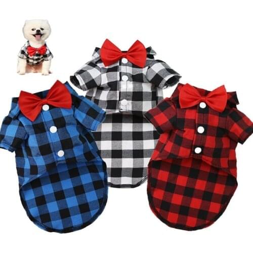 British Style Plaid Pet Dog Clothes Puppy Shirts Bow Tie French Bulldog Chihuahua Shirt for Small Medium Cat Dog