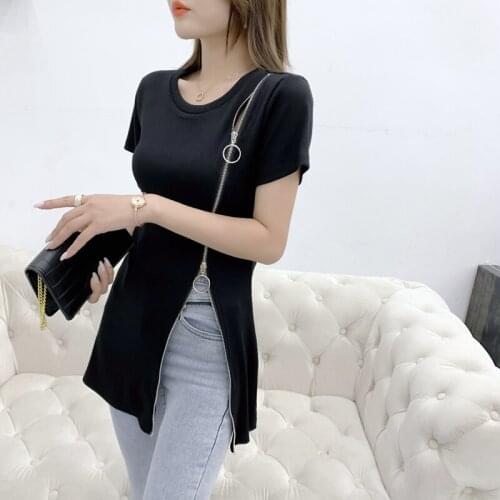 Summer new fashion O collar zipper Slim short Sleeve Tee dress Two ways to wear Women Fashion Casual Woman T Shirts dress