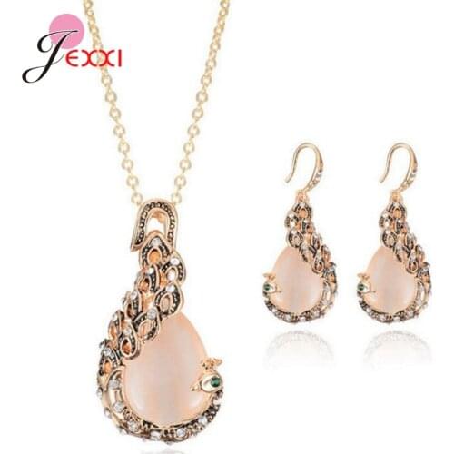 New Statement Shine Shimmer Austrian Crystal Classic Opal Stone Jewelry Set Waterdrop Pendant Necklaces Drop Earrings