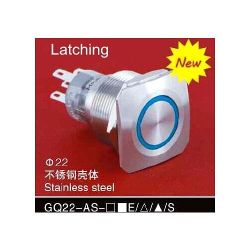 ONPOW 22mm IP67 12V,110V,220V Red, Blue, Green Ring LED Latching Stainless Steel Square Push button Switch (GQ22-AS-ZE/S)