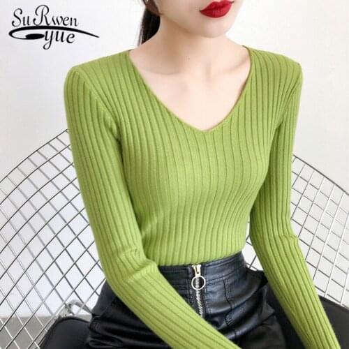 Autumn V Neck Knitwear Sweater Long Sleeve Sweater Women Elastic Knitted Pullover Jumper Slim Chic Winter Clothes Women 10431