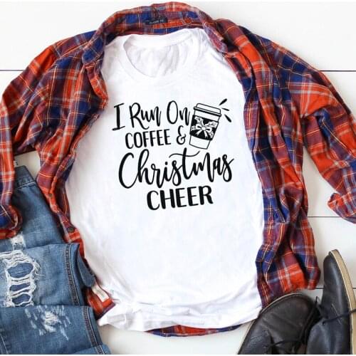 Casual Tees Funny Tumblr Tee Slogan Christmas Grunge Tops Holiday Outfits I Run on Coffee & Christmas Cheer Graphic T-Shirt