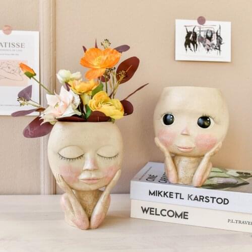 Fresh and artistic hand painted girl vase desktop portrait sculpture flower pot home decoration ornaments plant pot