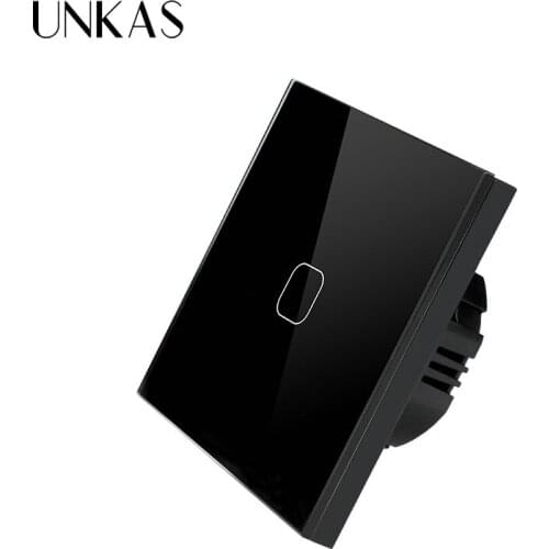 UNKAS Single FireWire touch sensing wall switch EU Standard Touch Switch 1 Gang 1 Way Black Crystal Glass Switch Panel
