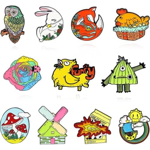 Funny farm Enamel Brooch Owl rabbit fox chicken Animal Lapel Pin Mushroom bamboo shoot windmill house Rainbow sailing sun badge