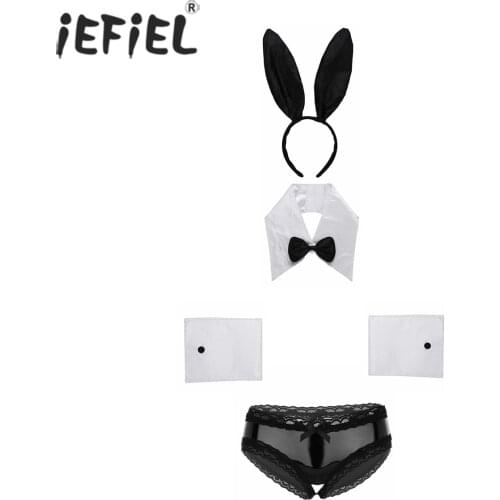 Women Rabbit Ears Headband Collar Bowtie Cuffs with Wet Look Crotchless Mini Briefs Lace Trim Cutout Underwear Sissy Clubwear