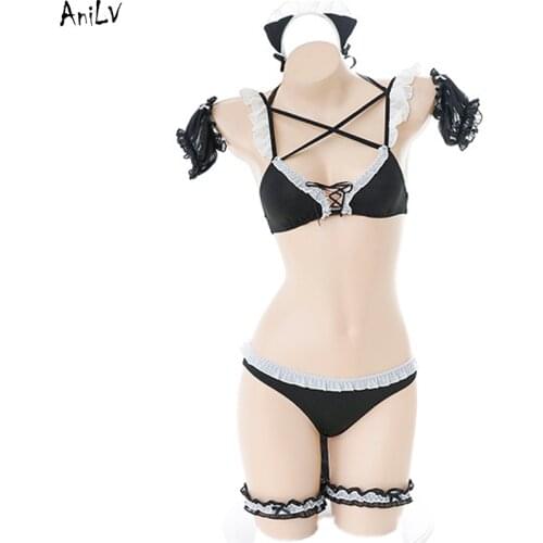 AniLV Sexy Girl Chest Cross Straps Maid Beach Bikini Swimsuit Costume Kawaii Cat Black Swimwear Uniform Set Pool Party Cosplay