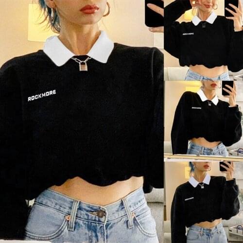 Womens Fashion Contrast Color Lapel Small Embroidery Loose Short Sweater Black