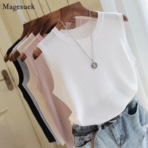 New Summer Sleeveless Knitted Women Top Mujer Office Lady White Tank Top Women Strap O-Neck Casual Solid Female Tops Mujer 4588