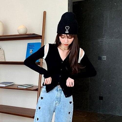 Korean Fashion Cardigan Women Spring 2021 Casual Slim Fit Hollow Out Off Shoulder V Neck Long Sleeve Knitted Sweater Tops T599