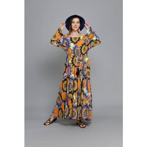 Madonna Collar Flare Sleeves Tile Pattern Tassel Multicolor Long Boho Dress 2021 New Fashion Womens Wear Xs To 5xl