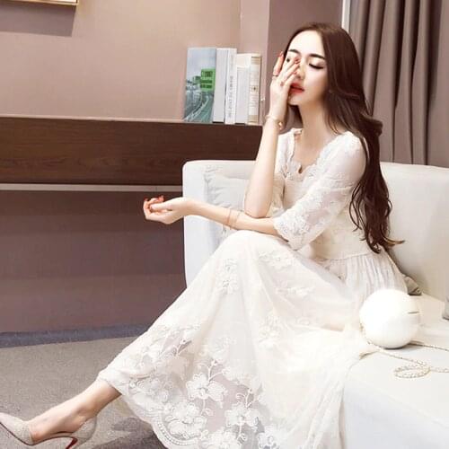 Hot Sale 2020 Spring Summer New Women Lace Dresses Floral Crochet Hollow Out Vestido Casual A-line Slim Party Dress Robe Femme