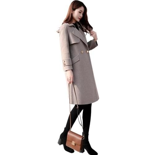 2020 Autumn Woolen Coat Women Long Sleeves M gray Black Brown Lapel Slim Woolen Jacket Winter Elegant Casual Long Female Coat