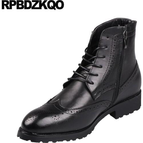 Party Burgundy Ankle Winter Booties Faux Fur Autumn Pointed Toe Wingtip Formal Mens Zipper Dress Boots Oxford Black Shoes Brogue