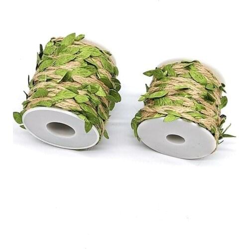 5M Burlap Leaf Ribbon Natural Jute Twine, 5MM Burlap Leaf Ribbon with Artificial Vine Green Leaves for Wedding Home Garden