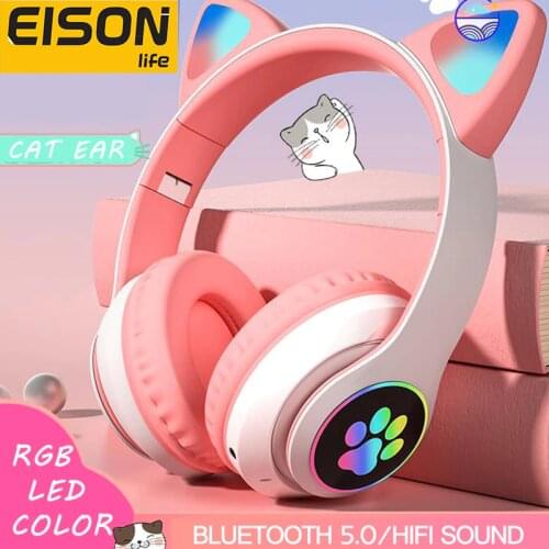 EISON Cat Ears Bluetooth Headphones Gaming Headsets Cute LED Flash Light Wireless Earphones with Microphone for xiaomi iphone