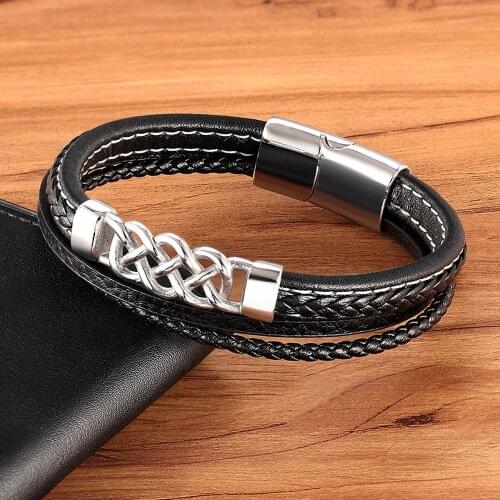 Multilayer Combination Stitching Stainless Steel Mens Leather Bracelet Geometric Figure Accessories Luxury Birthday Gift