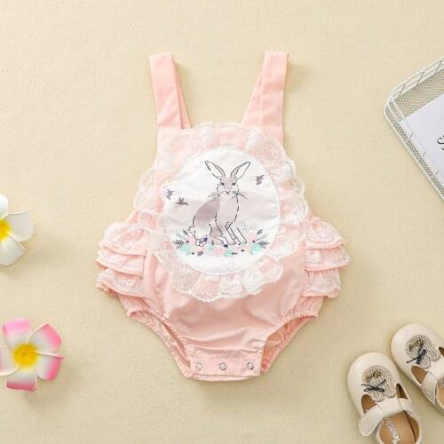 Baby Girls Summer Breathable Easter Outfit Infant Creative Bunny Printing Lace Decoration Suspender Sleeveless Romper Casual