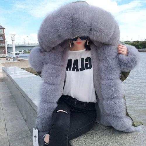 Long Winter Jacket Womens Luxury Large raccon fur Collar with real rex rabbit fur lining