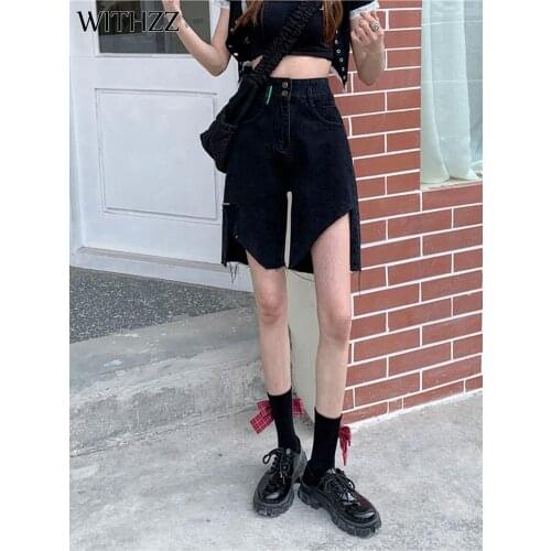 WITHZZ Summer Womens High-rise Hole Jeans Female Loose Casual Wide Leg Denim Shorts