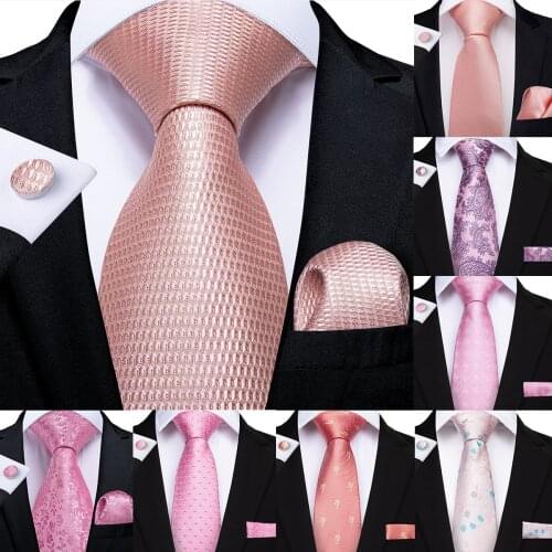 Fashion Peach Pink Solid Silk Wedding Tie For Men Hanky Cufflinks Coral Tie Gravat DiBanGu Business Wedding Party Tie Set
