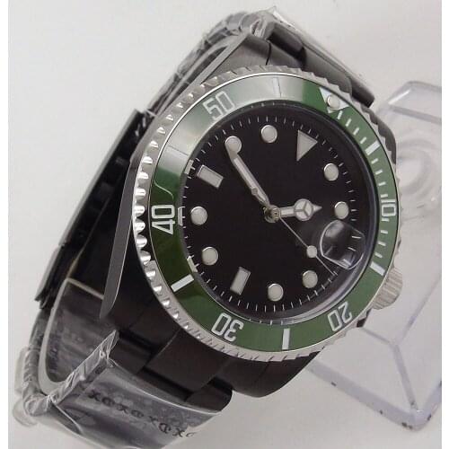 40MM Black Sterile Dial Sapphire Glass PVD Coated NH35A Ceramic Bezel Date Glass Case Back Automatic Mens Wristwatch