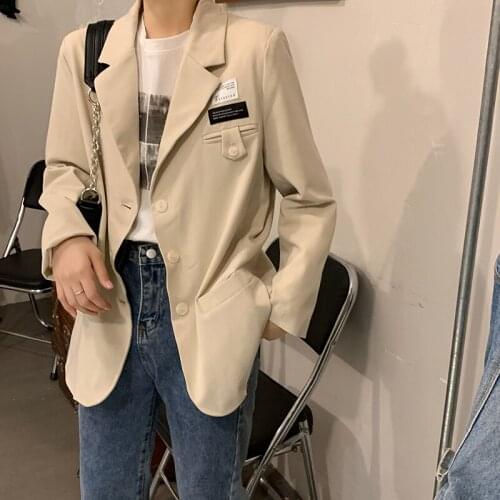 Autumn Casual Blazers Women Notched Collar Female Suits Single-breasted Long Sleeve Loose Patchwork Pockets Outwear C034