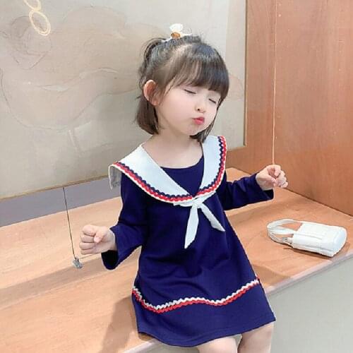 2-8 Years High Quality Spring Girl Dress 2021 Fashion Chiffon Flower Navy Blue Ruched Kid Children Clothing Girl Princess Dress