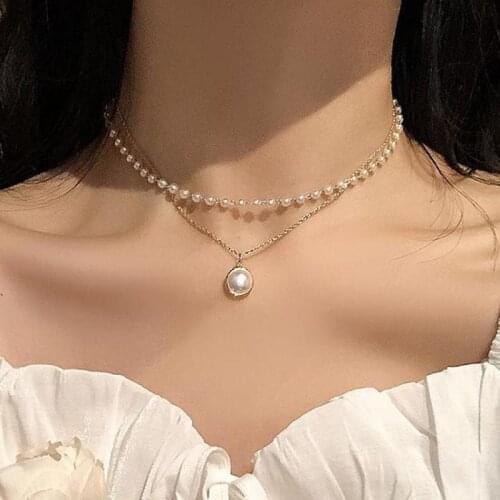 Double Chain Gold Color Choker Necklace Women Korean Style Simulated-pearl Pendant Necklace Jewelry Collar Layer Neckalce Gift