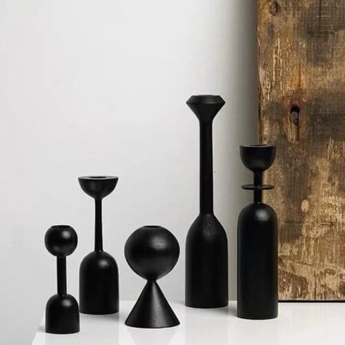 Photography Props Black Solid Wood Candle Holder Nordic Minimalist Style Decorative Model Creative Art Ornaments WF