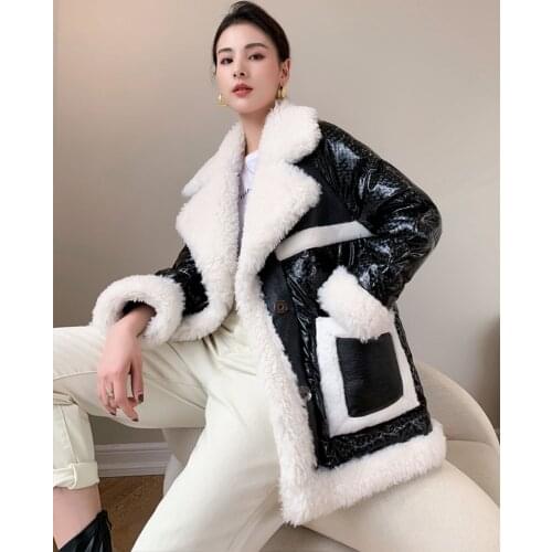 Lamb Wool Shiny Down Jacket Women mid-length 2020 new Winter Black Thick Duck Down Fur Coat
