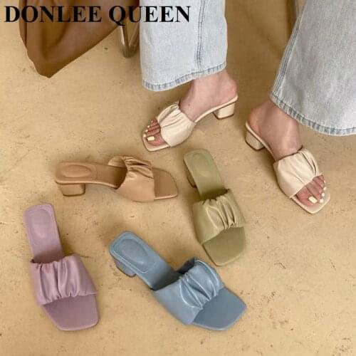 2021 Fashion Brand Pleated Slippers Women Fashion Square Toe Low Heels Sandals Summer Slides Outdoor Flip Flops Sandalias Mujer