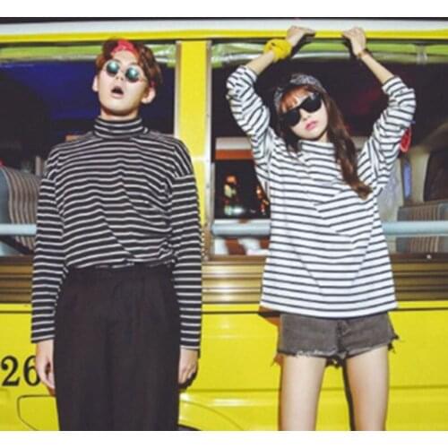 Harajuku BF Spring Autumn Korean Mens and Womens Striped Turtleneck T-shirt Long Sleeve Tee Shirts Casual Tops Unisex