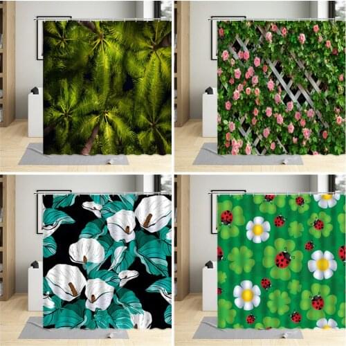 Spring Tropical Plant Leaves Shower Curtain Floral Green Plants Decor Home Bathroom Leaf Bath Curtains With Hooks Waterproof Set
