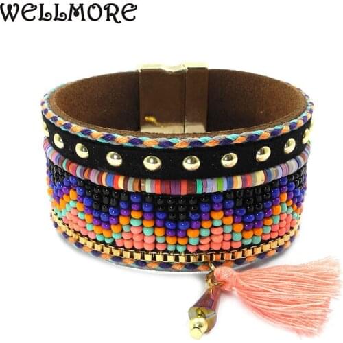 Wellmore beaded bracelets ,leather ,tassel details Magnetic wrap bracelets have 3 size Bohemian bracelets&bangles for women
