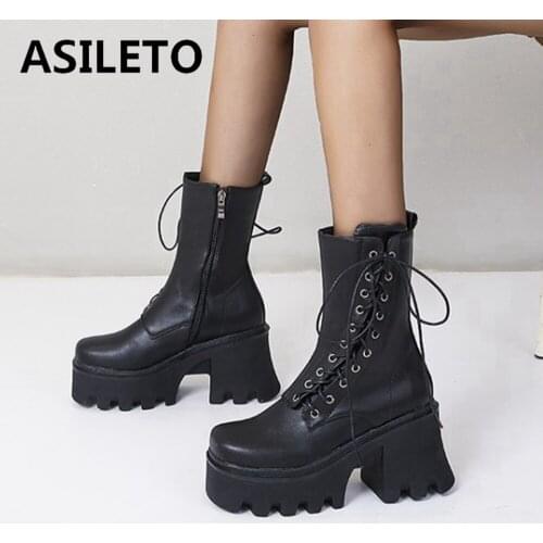2021 Gothic Women Ankle Boots High Platform Motorcycle Zipper Top Quality Autumn Winter Warm Chunky High Heels Big Size 43 S2367